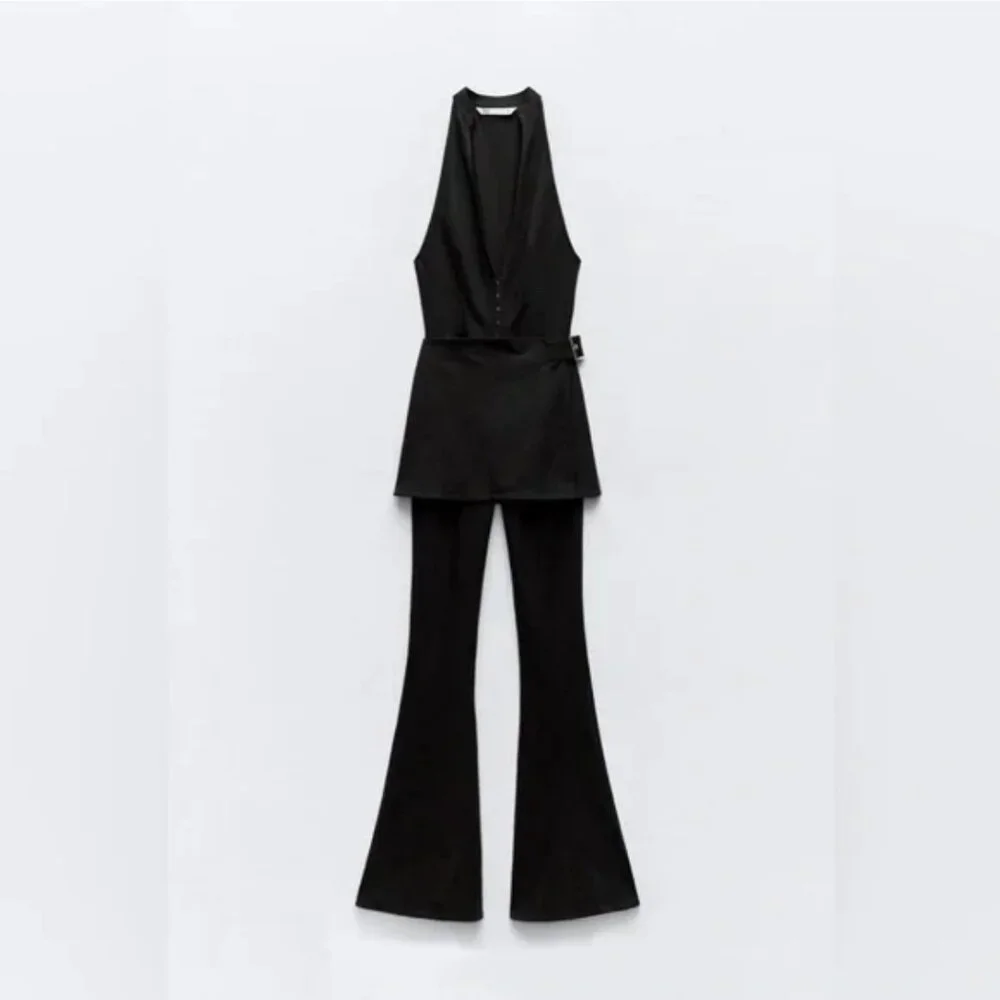 Zara Linen Blend Halter Jumpsuit with Skirt